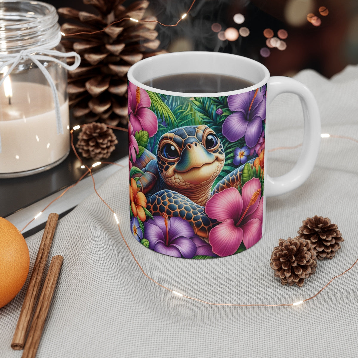 Tasse Céramique 325 ml Tortue de Mer Fleurs Tropicales – Mug Plein Motif Hibiscus Coloré – Cadeau