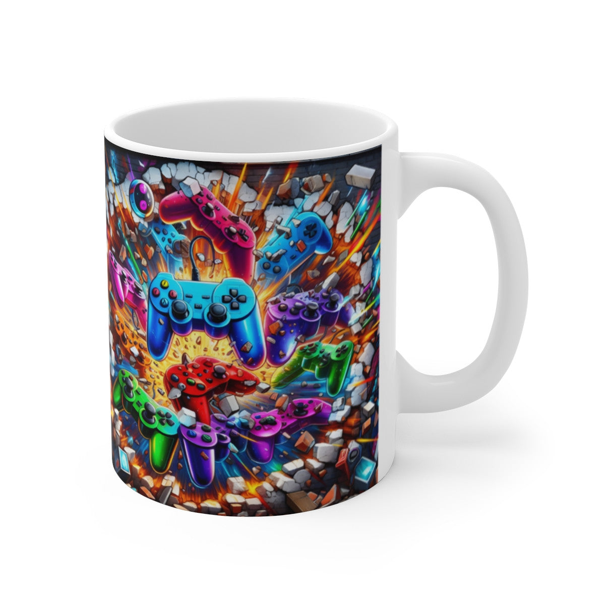 Tasse Céramique 325 ml Manettes de Jeu Colorées – Mug Plein Motif Gaming Explosion – Cadeau Gamer Geek