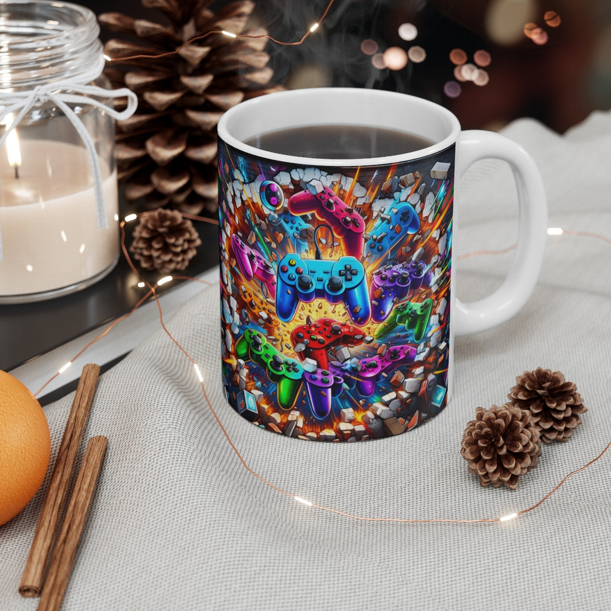 Tasse Céramique 325 ml Manettes de Jeu Colorées – Mug Plein Motif Gaming Explosion – Cadeau Gamer Geek