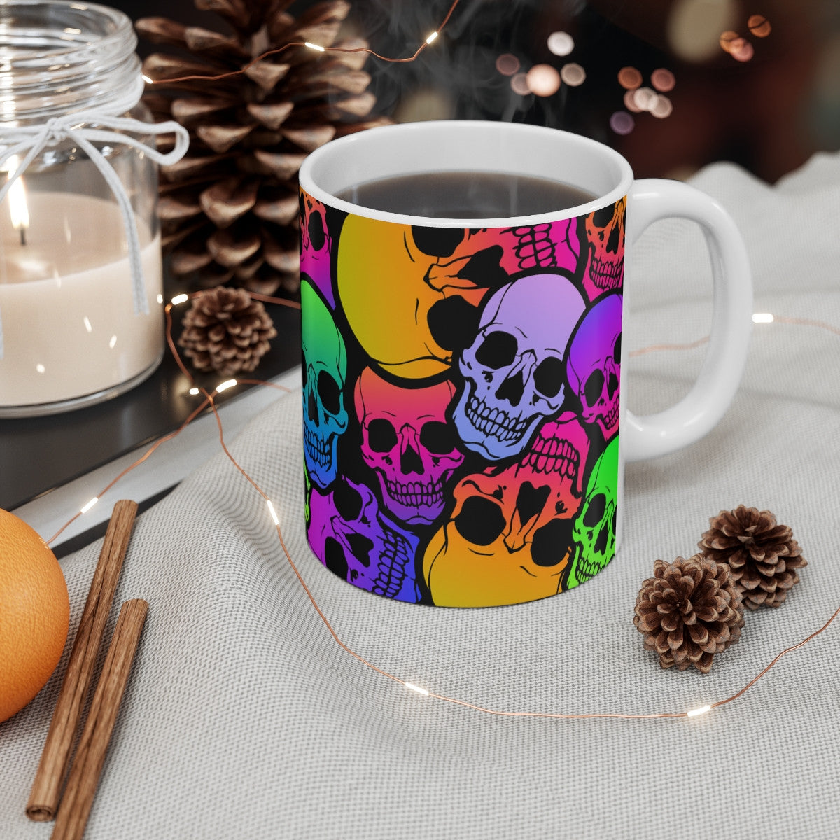 Tasse Céramique 325 ml Crânes Multicolores – Mug Plein Motif Skull Arc-en-Ciel – Style Rock Gothique Pop Art