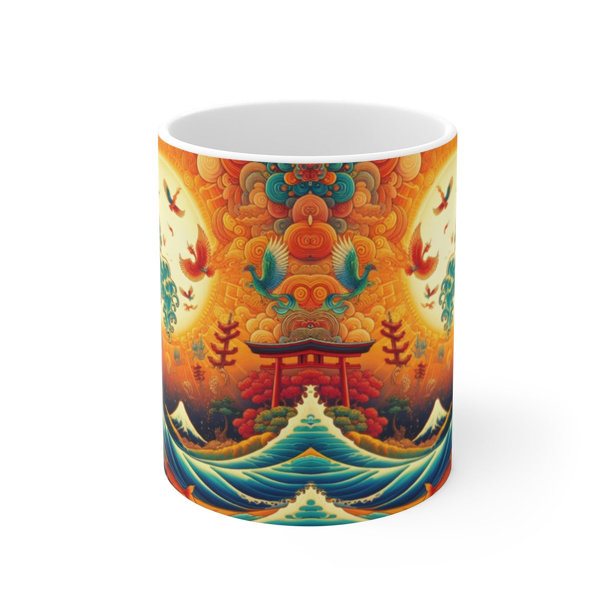 Mug Céramique 325ml – Grande Vague Japonaise & Soleil – Art Japonais Torii & Mont Fuji – Tasse Style Ukiyo-e