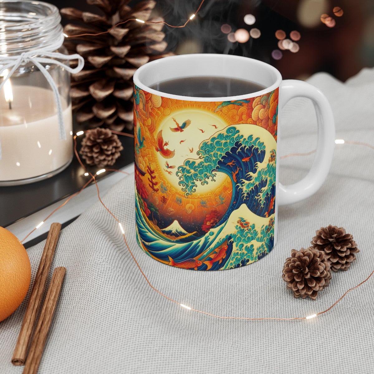 Mug Céramique 325ml – Grande Vague Japonaise & Soleil – Art Japonais Torii & Mont Fuji – Tasse Style Ukiyo-e