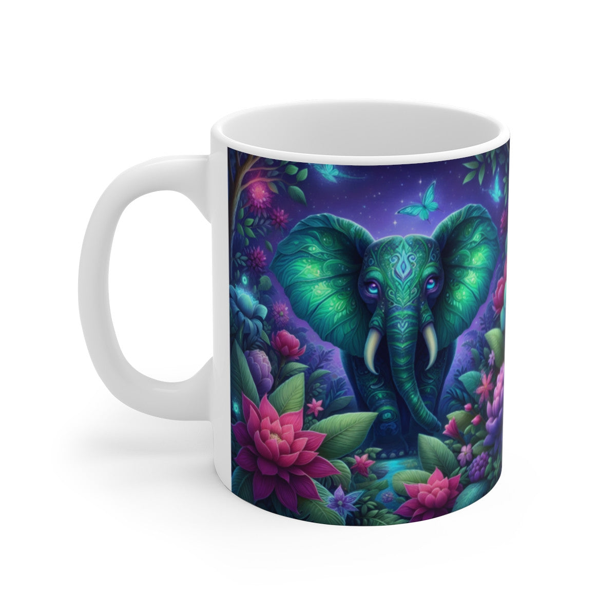 Mug Céramique 325 ml – Éléphant Bohème & Forêt Enchantée – Design Mandala Multicolore – Tasse Animalière Zen Mystique