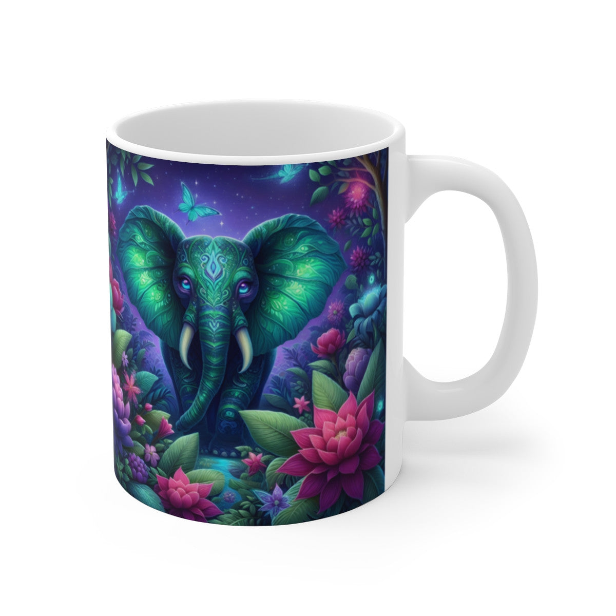 Mug Céramique 325 ml – Éléphant Bohème & Forêt Enchantée – Design Mandala Multicolore – Tasse Animalière Zen Mystique