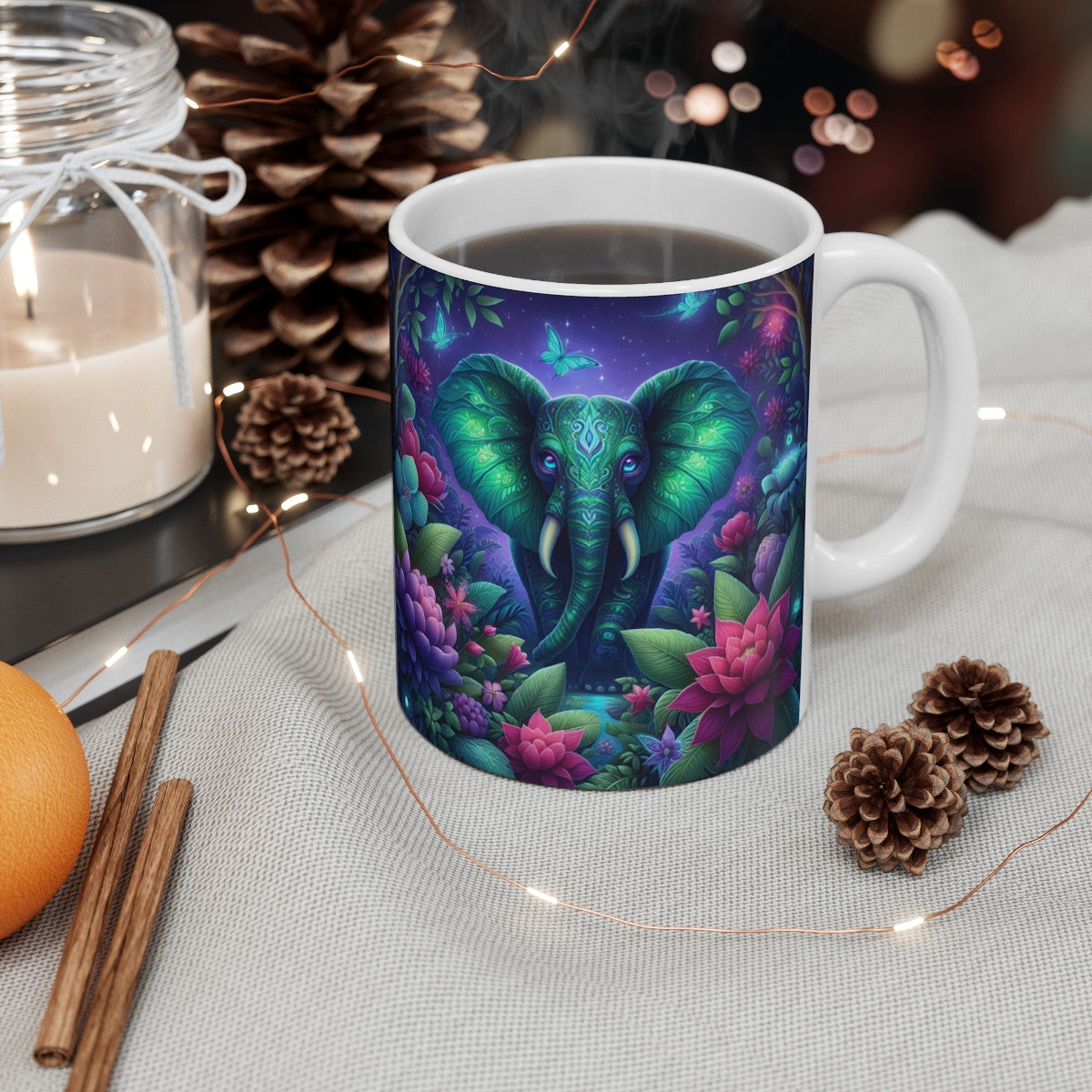 Mug Céramique 325 ml – Éléphant Bohème & Forêt Enchantée – Design Mandala Multicolore – Tasse Animalière Zen Mystique