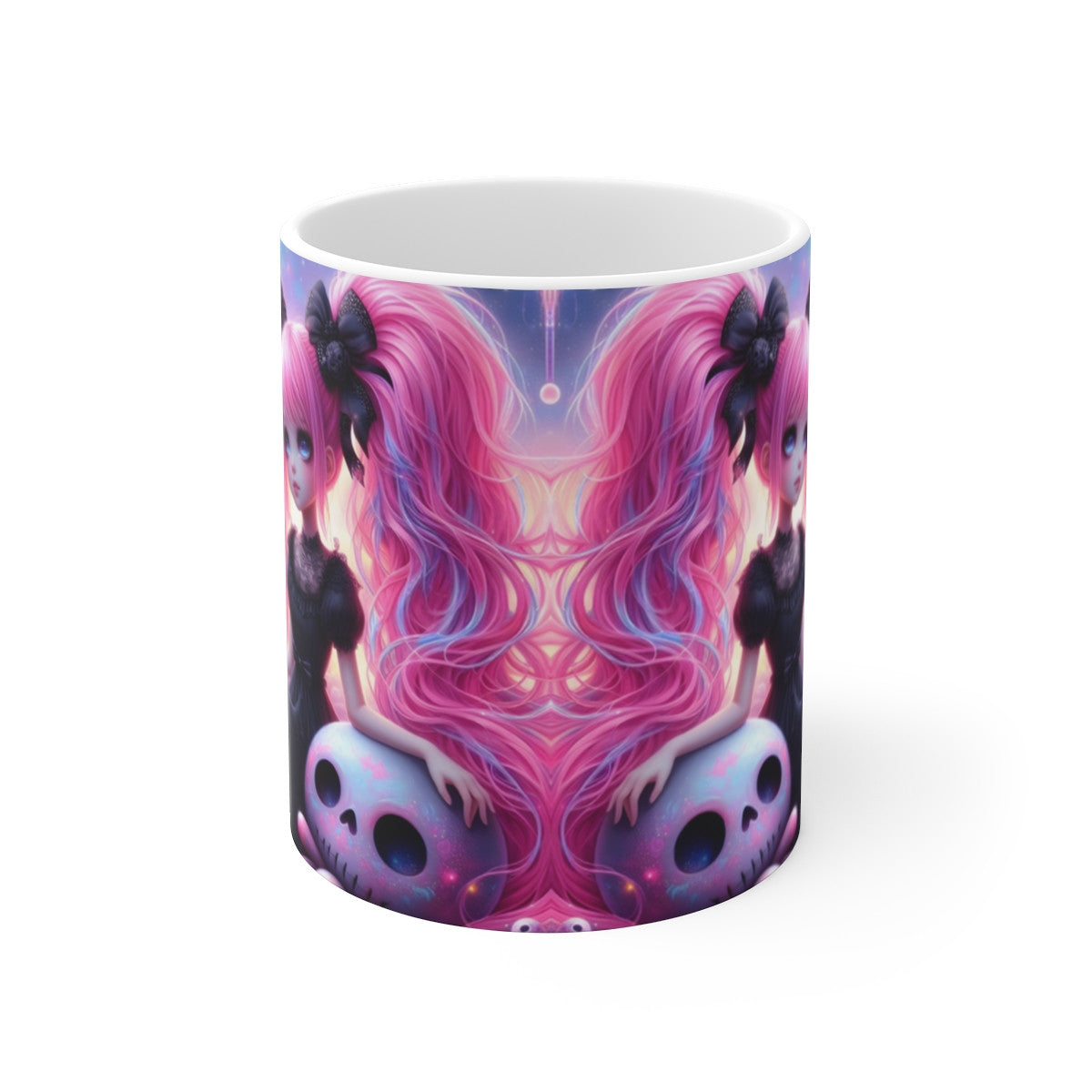 Mug Céramique 325 ml – Fille Gothique Kawaii Cheveux Roses – Univers Fantasy Pastel & Crâne Galaxie – Tasse Café Thé