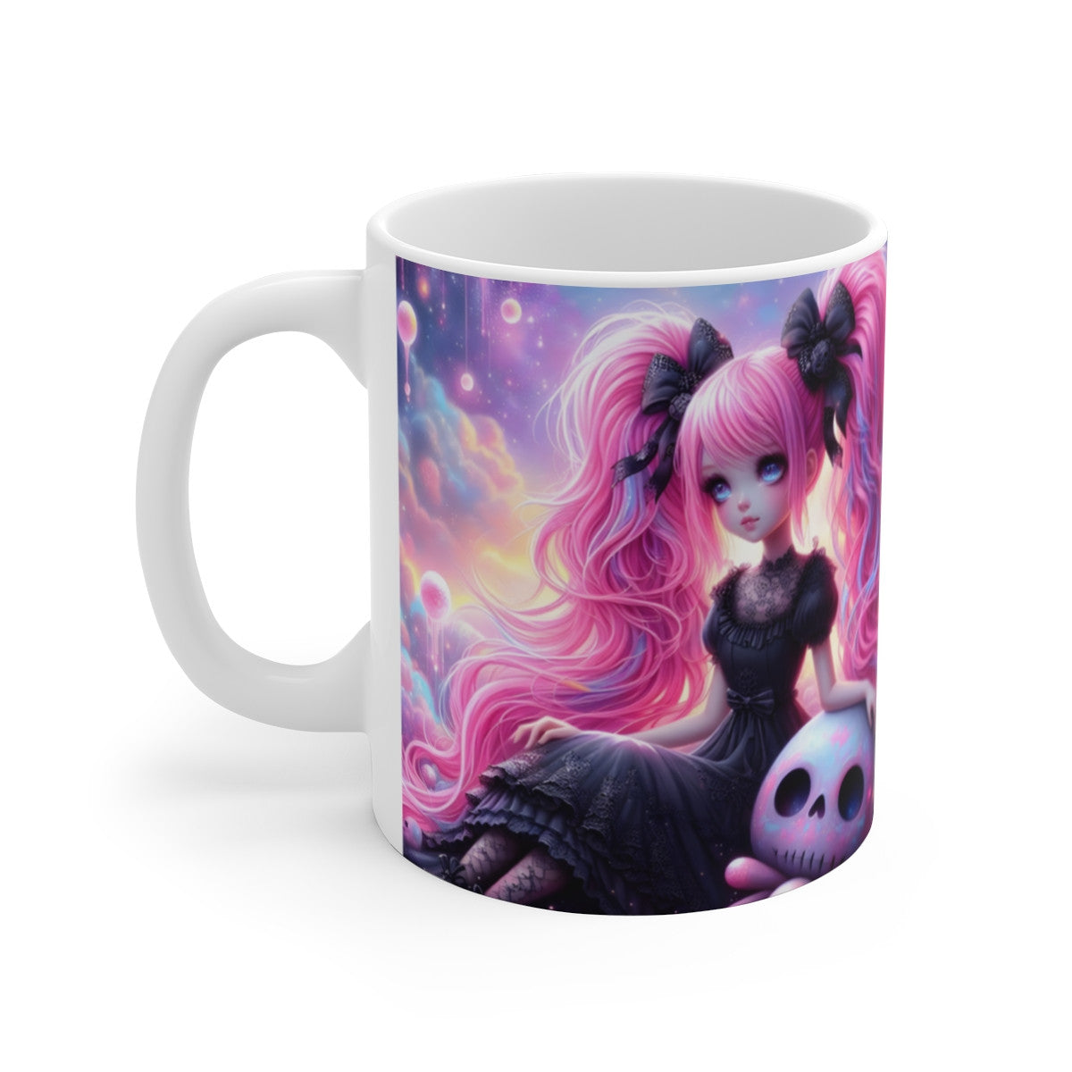 Mug Céramique 325 ml – Fille Gothique Kawaii Cheveux Roses – Univers Fantasy Pastel & Crâne Galaxie – Tasse Café Thé