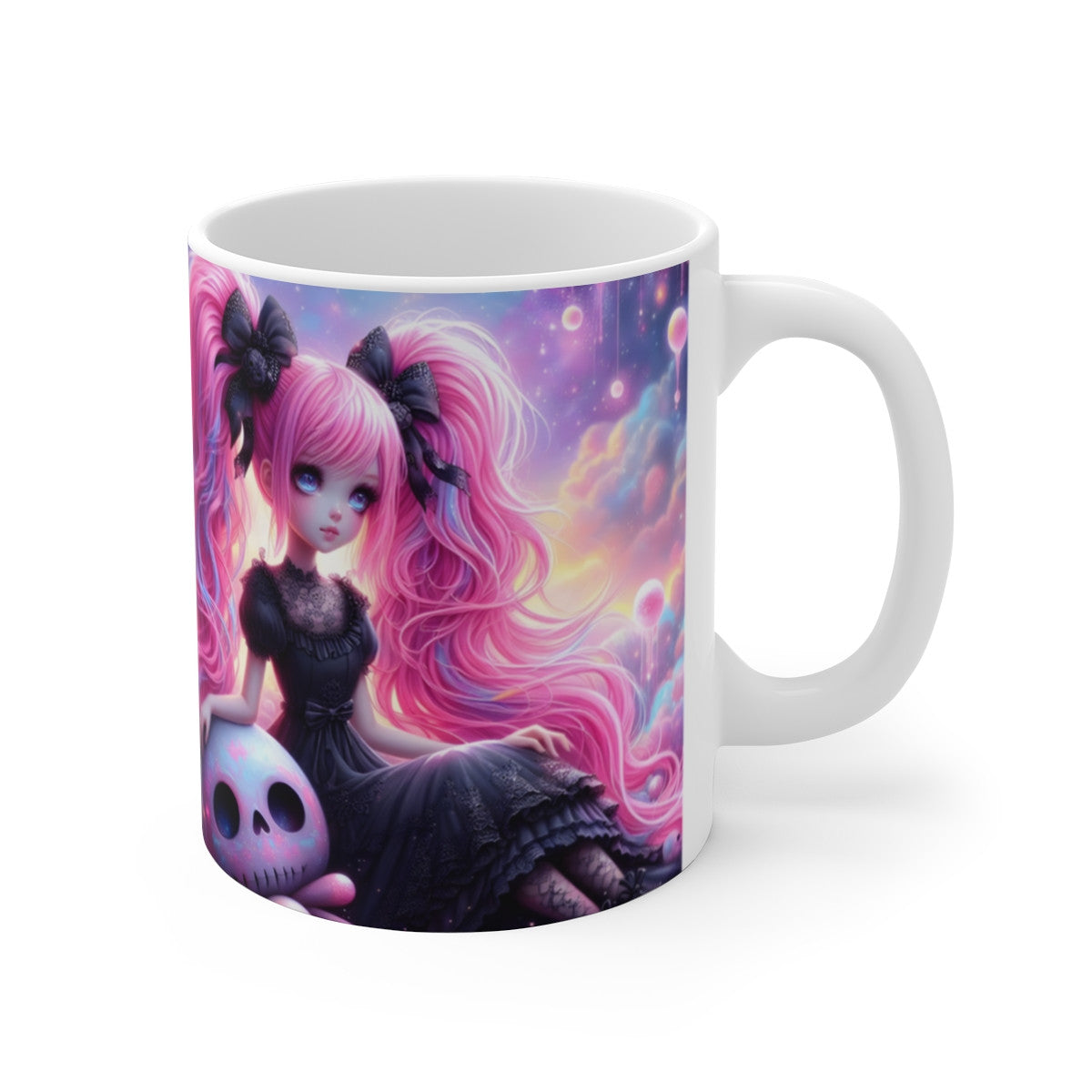 Mug Céramique 325 ml – Fille Gothique Kawaii Cheveux Roses – Univers Fantasy Pastel & Crâne Galaxie – Tasse Café Thé