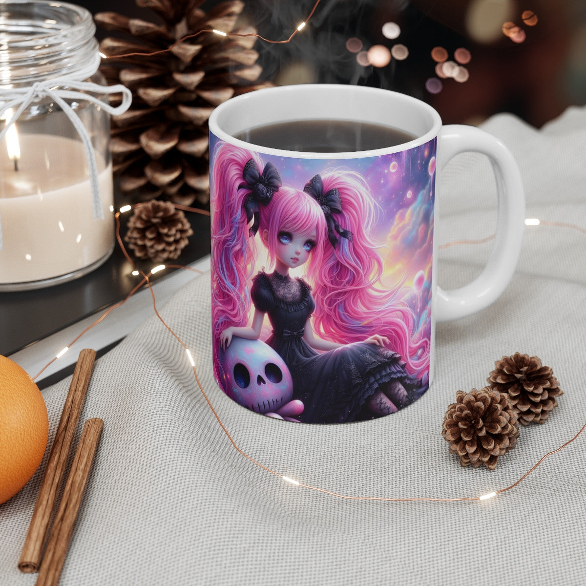 Mug Céramique 325 ml – Fille Gothique Kawaii Cheveux Roses – Univers Fantasy Pastel & Crâne Galaxie – Tasse Café Thé