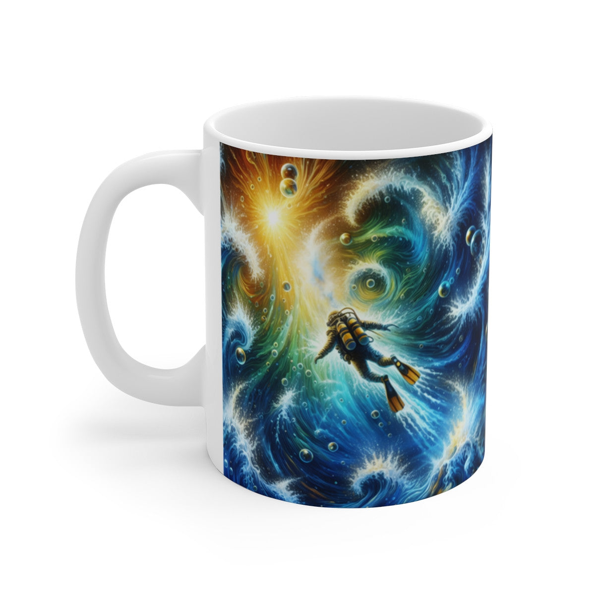 Mug Céramique 325 ml – Plongeur Sous-Marin dans Vagues Tourbillonnantes – Illustration Océan Fantastique