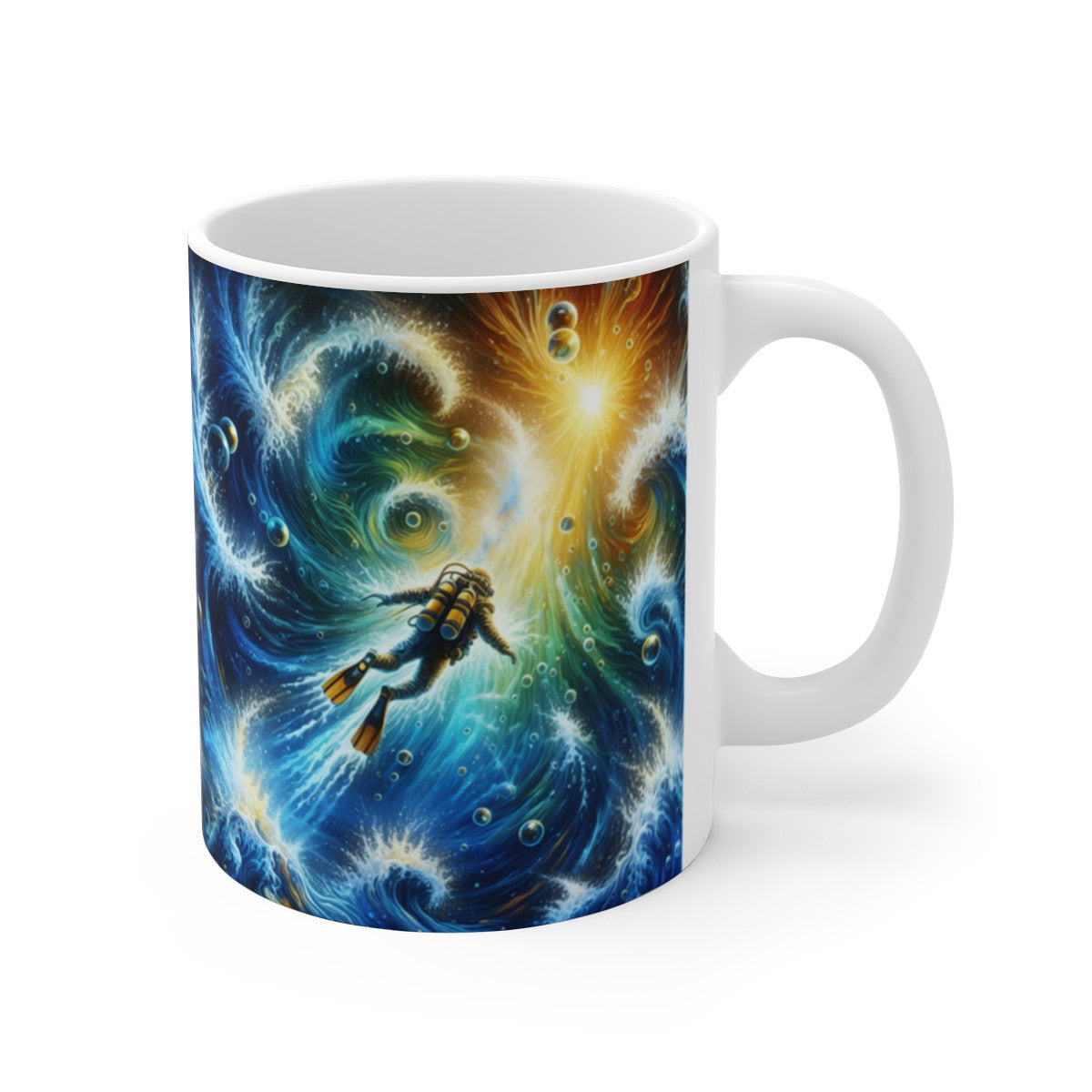 Mug Céramique 325 ml – Plongeur Sous-Marin dans Vagues Tourbillonnantes – Illustration Océan Fantastique
