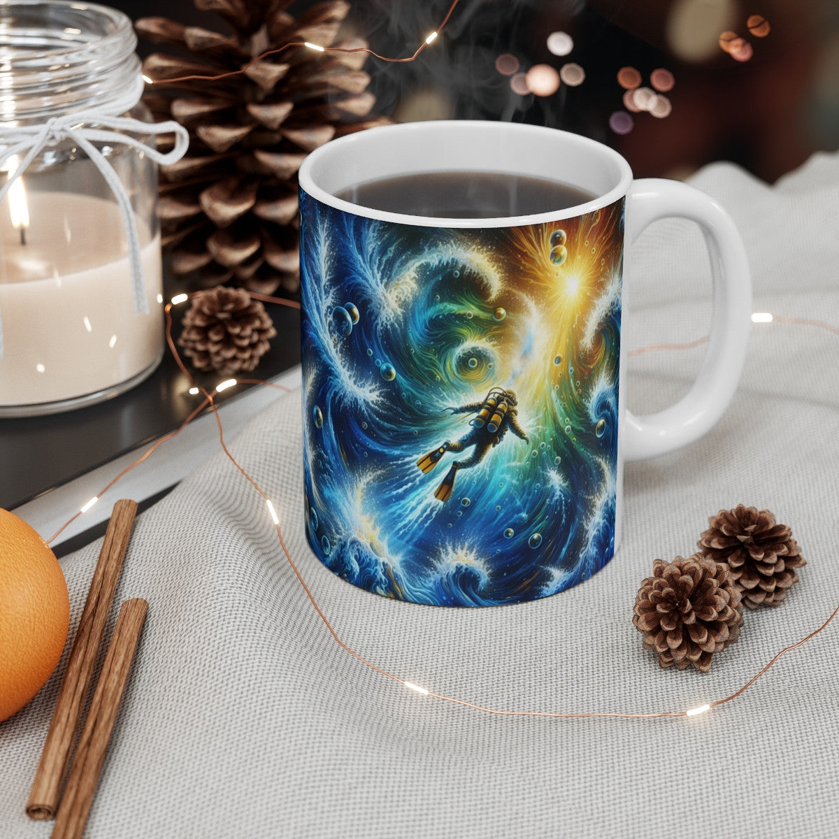 Mug Céramique 325 ml – Plongeur Sous-Marin dans Vagues Tourbillonnantes – Illustration Océan Fantastique