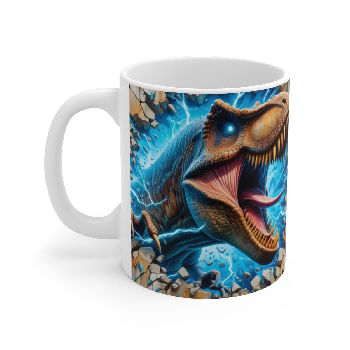 Mug céramique 325 ml – T-Rex électrique qui brise un mur – Illustration Dinosaure spectaculaire – Tasse café ou thé