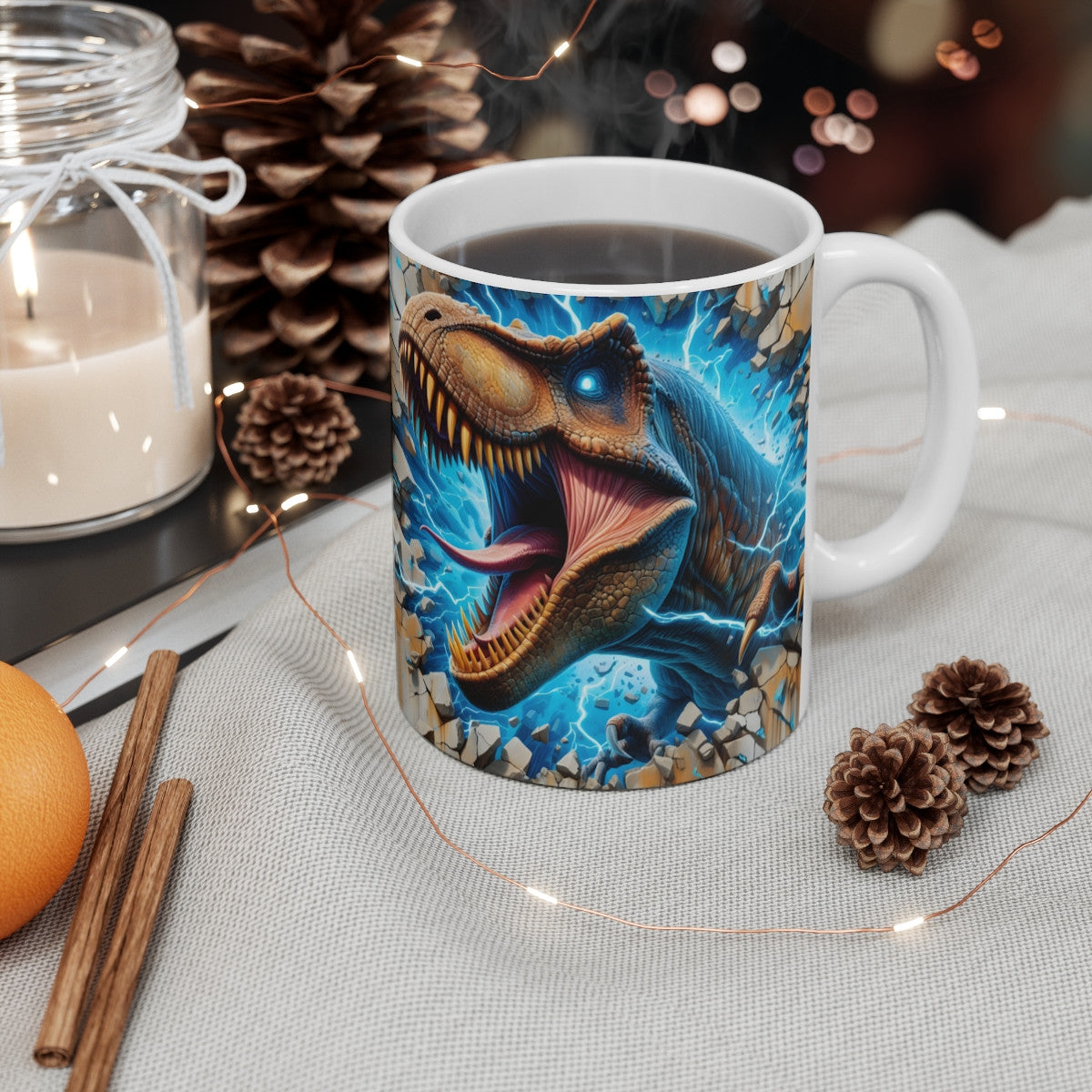 Mug céramique 325 ml – T-Rex électrique qui brise un mur – Illustration Dinosaure spectaculaire – Tasse café ou thé