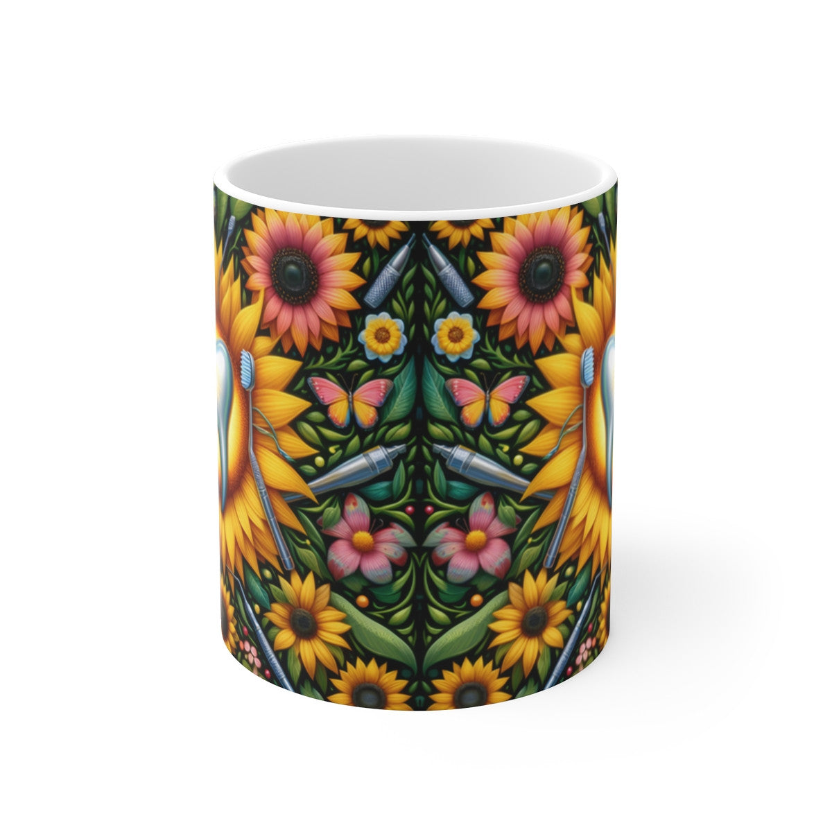 Mug céramique 325 ml – Dent et tournesols – Design dentaire coloré avec papillons – Idée cadeau dentiste