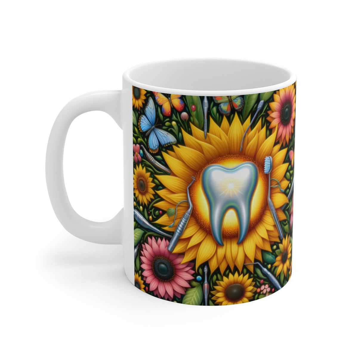 Mug céramique 325 ml – Dent et tournesols – Design dentaire coloré avec papillons – Idée cadeau dentiste