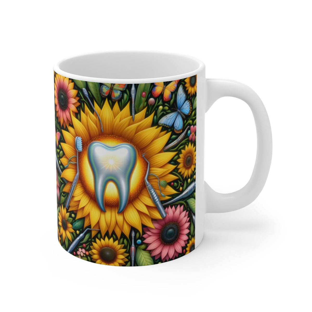 Mug céramique 325 ml – Dent et tournesols – Design dentaire coloré avec papillons – Idée cadeau dentiste