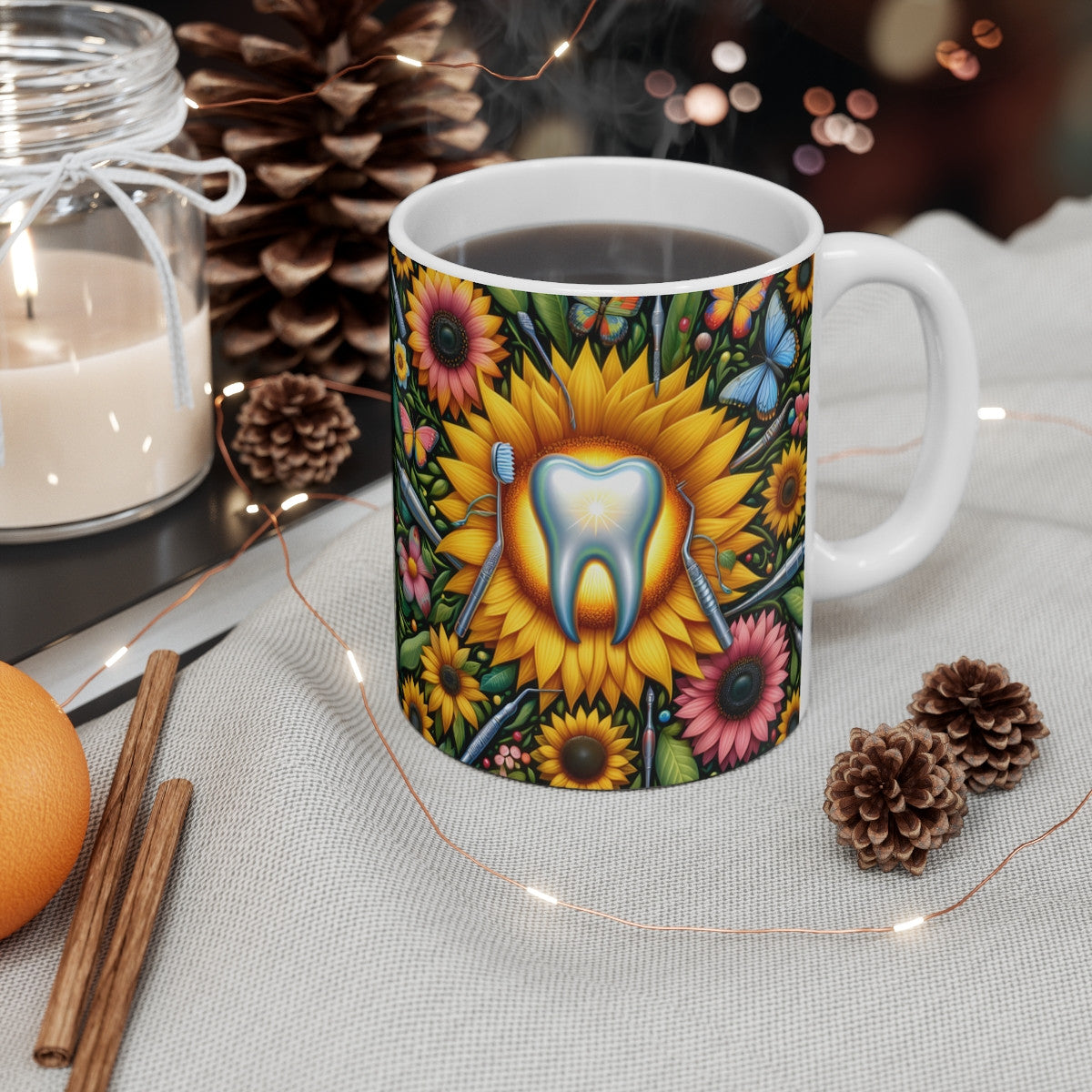 Mug céramique 325 ml – Dent et tournesols – Design dentaire coloré avec papillons – Idée cadeau dentiste