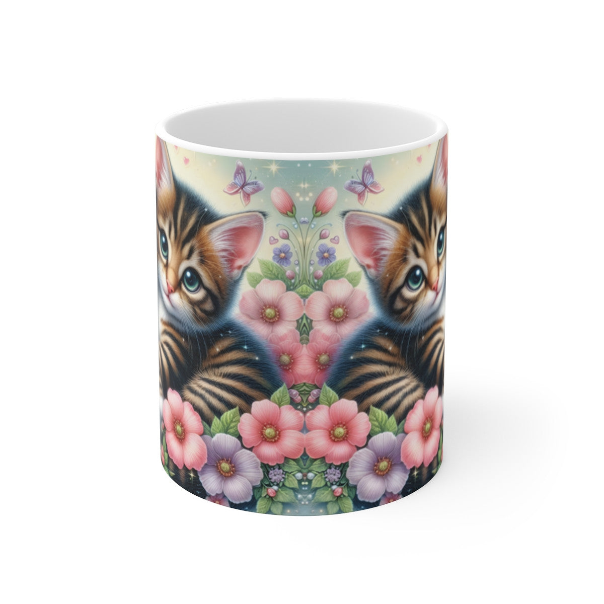 Mug céramique 325 ml – Chatons mignons et fleurs pastel – Tasse café ou thé – Cadeau amoureux des chats, déco kawaii romantique