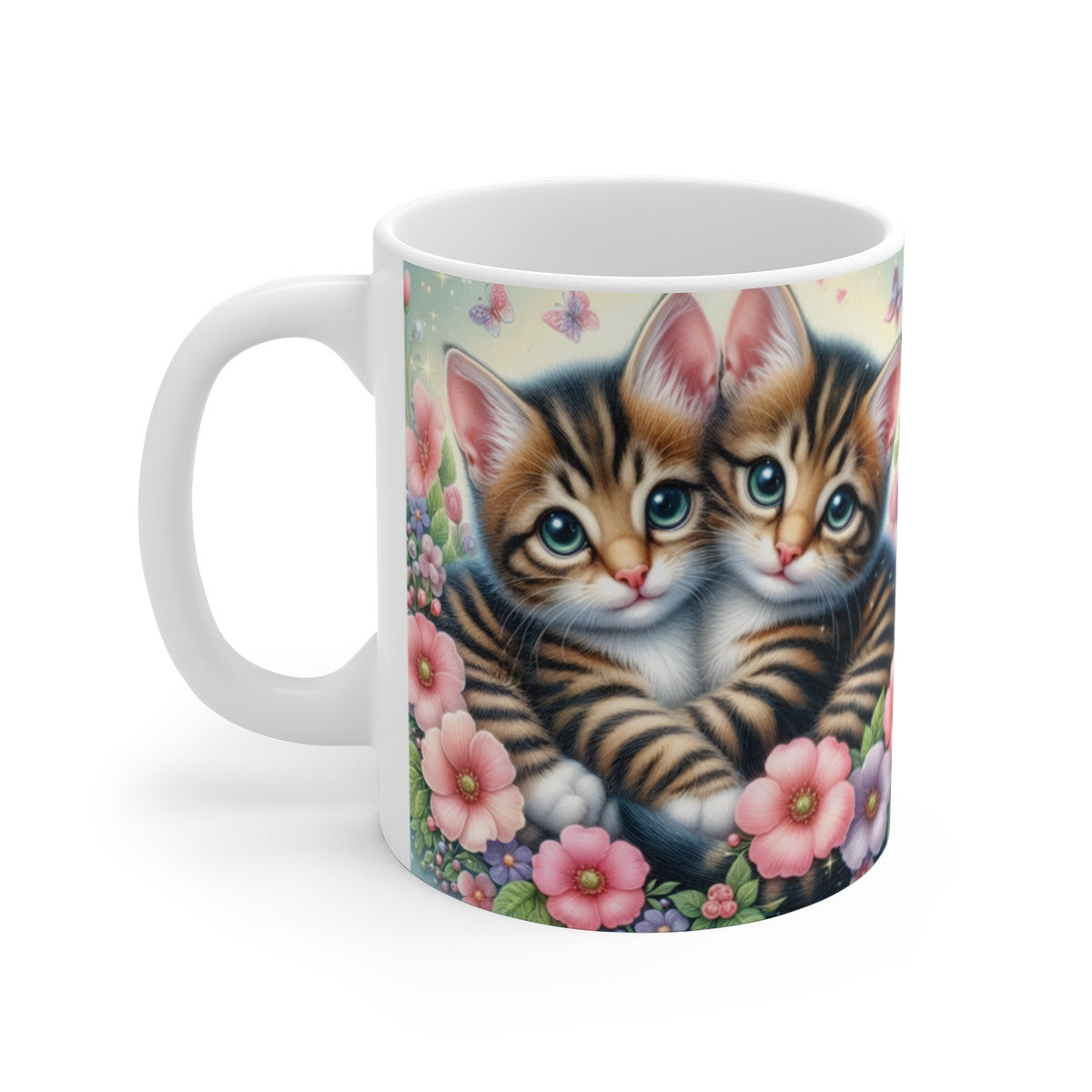 Mug céramique 325 ml – Chatons mignons et fleurs pastel – Tasse café ou thé – Cadeau amoureux des chats, déco kawaii romantique