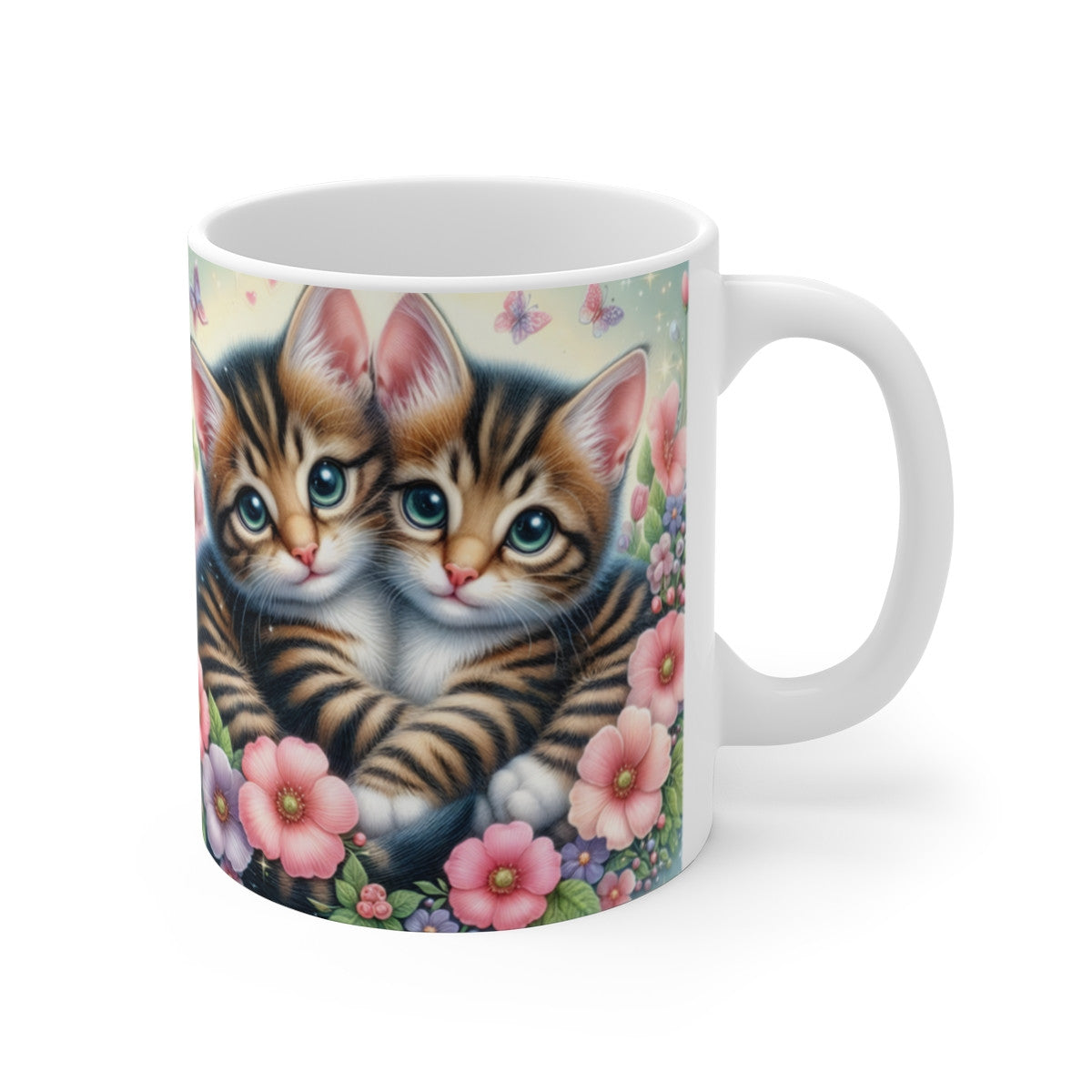 Mug céramique 325 ml – Chatons mignons et fleurs pastel – Tasse café ou thé – Cadeau amoureux des chats, déco kawaii romantique