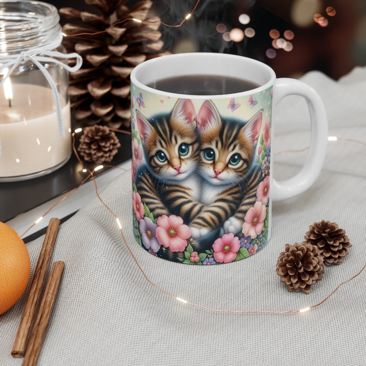 Mug céramique 325 ml – Chatons mignons et fleurs pastel – Tasse café ou thé – Cadeau amoureux des chats, déco kawaii romantique
