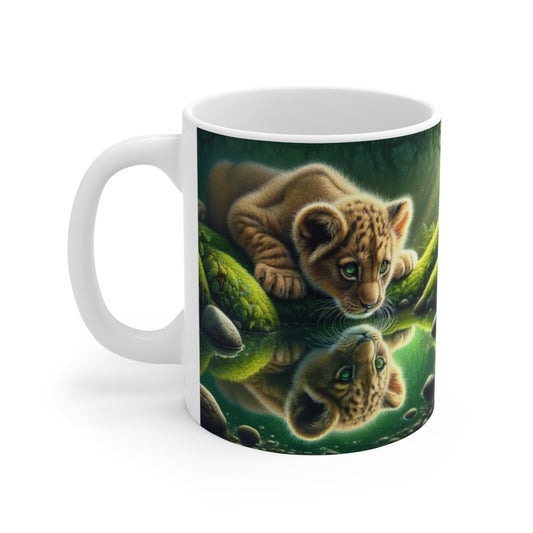 Mug céramique 325 ml – Bébé lionceau regardant son reflet – Tasse café ou thé – Cadeau nature et animaux sauvages