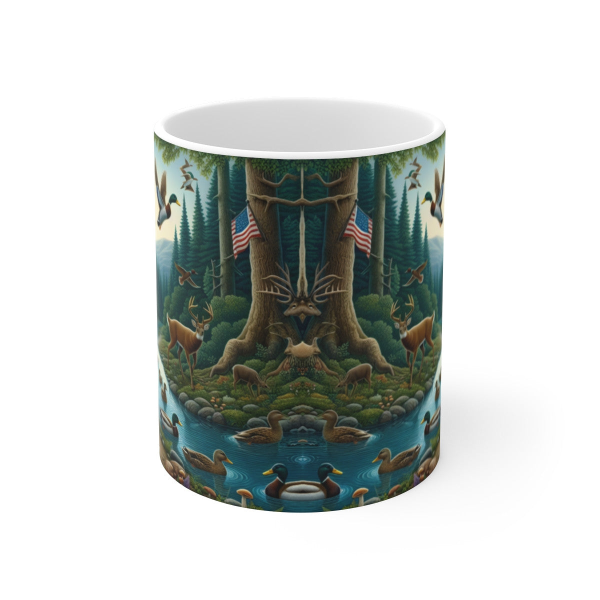 Mug Céramique 325 ml – Paysage Forêt & Rivière – Cerfs Canards Oiseaux Chien – Tasse Nature Sauvage