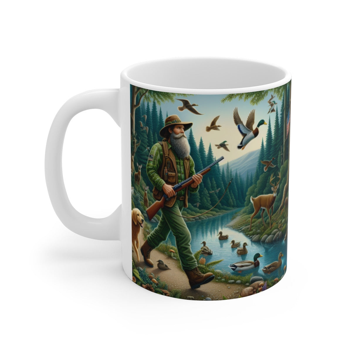 Mug Céramique 325 ml – Paysage Forêt & Rivière – Cerfs Canards Oiseaux Chien – Tasse Nature Sauvage