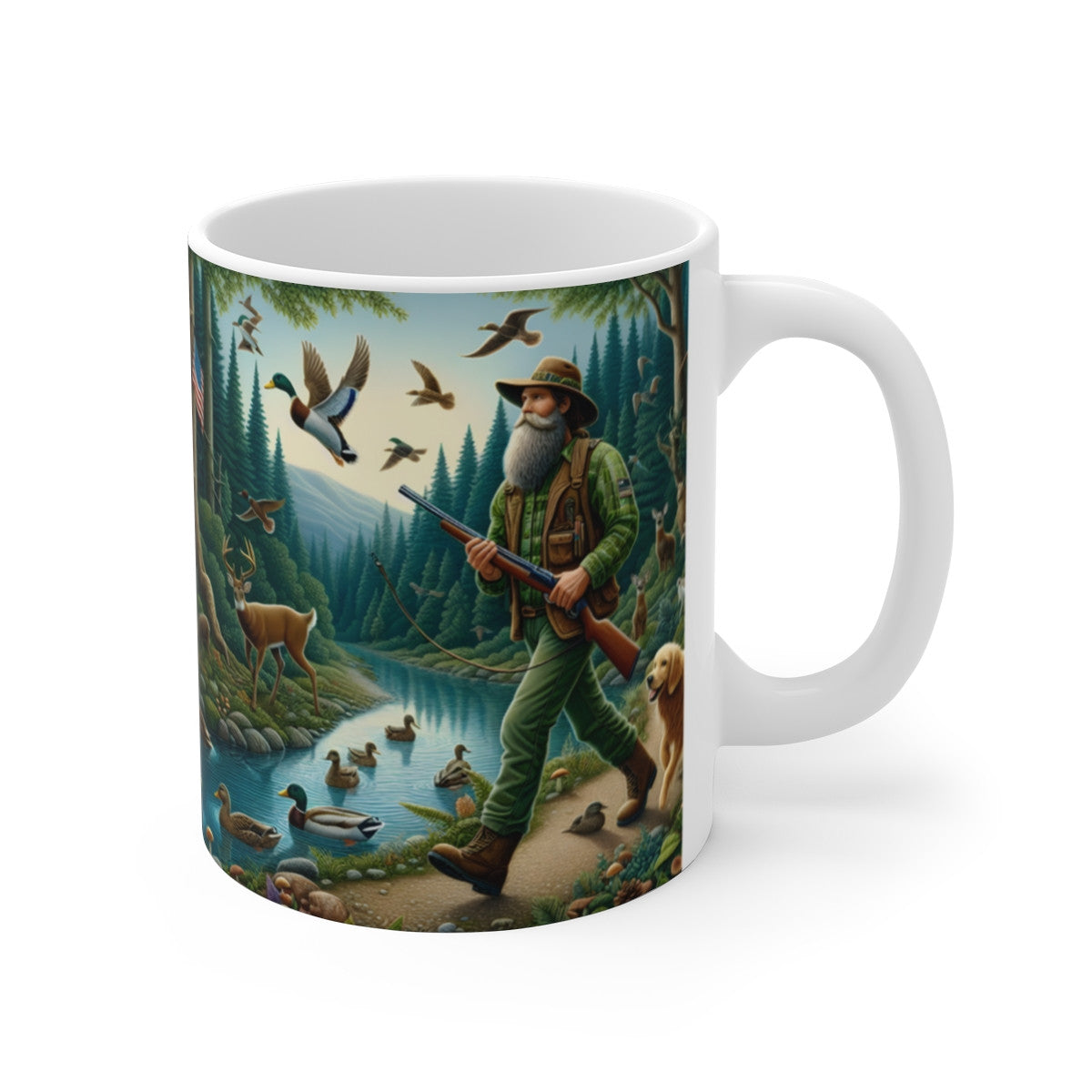 Mug Céramique 325 ml – Paysage Forêt & Rivière – Cerfs Canards Oiseaux Chien – Tasse Nature Sauvage