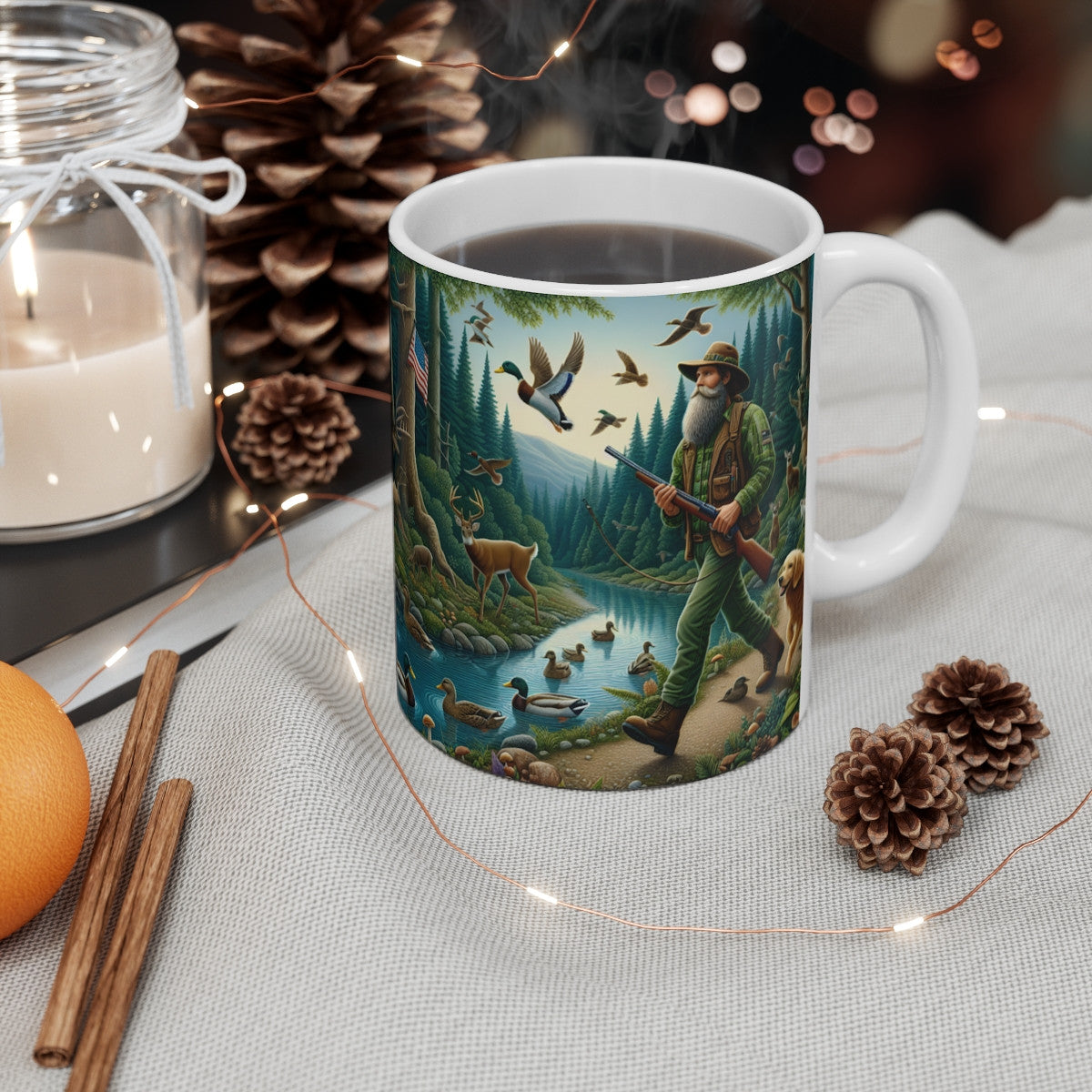 Mug Céramique 325 ml – Paysage Forêt & Rivière – Cerfs Canards Oiseaux Chien – Tasse Nature Sauvage