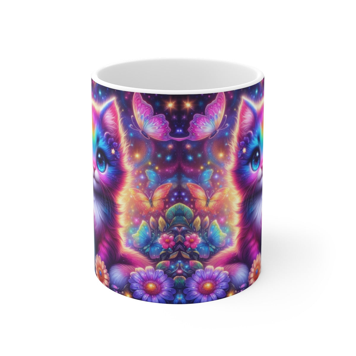 Mug Céramique 325 ml – Chat Arc-en-Ciel & Papillons – Tasse Fantaisie Colorée – Cadeau Original Amoureux des Chats