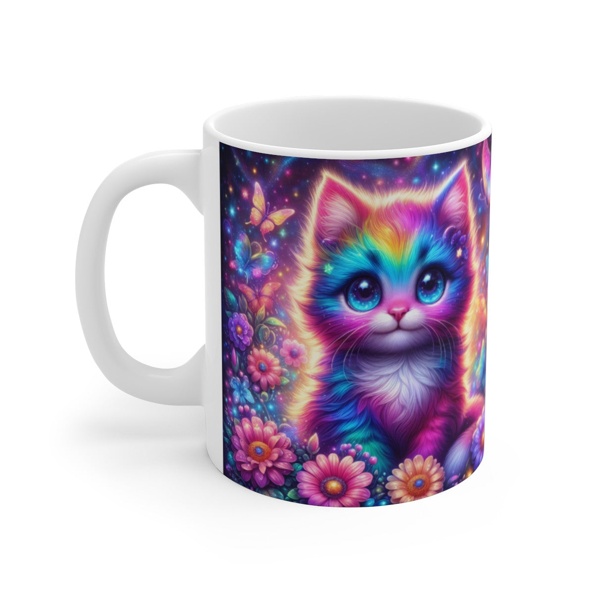 Mug Céramique 325 ml – Chat Arc-en-Ciel & Papillons – Tasse Fantaisie Colorée – Cadeau Original Amoureux des Chats