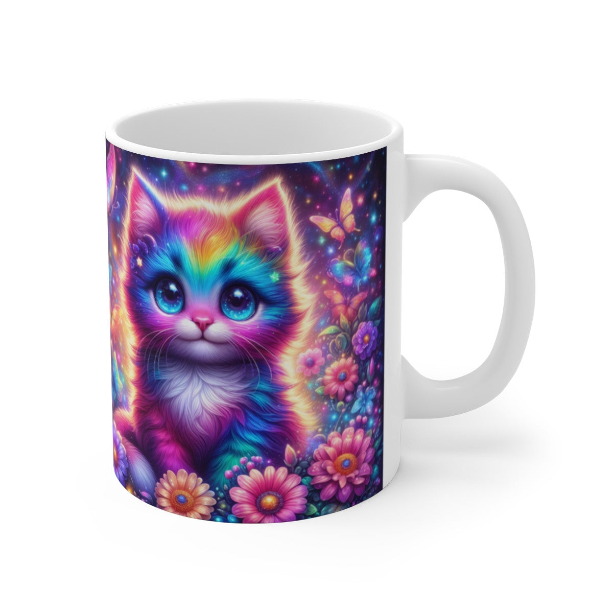 Mug Céramique 325 ml – Chat Arc-en-Ciel & Papillons – Tasse Fantaisie Colorée – Cadeau Original Amoureux des Chats