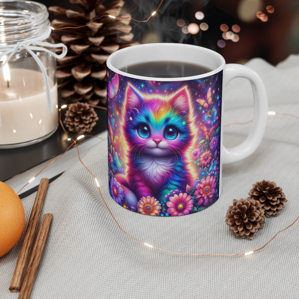 Mug Céramique 325 ml – Chat Arc-en-Ciel & Papillons – Tasse Fantaisie Colorée – Cadeau Original Amoureux des Chats