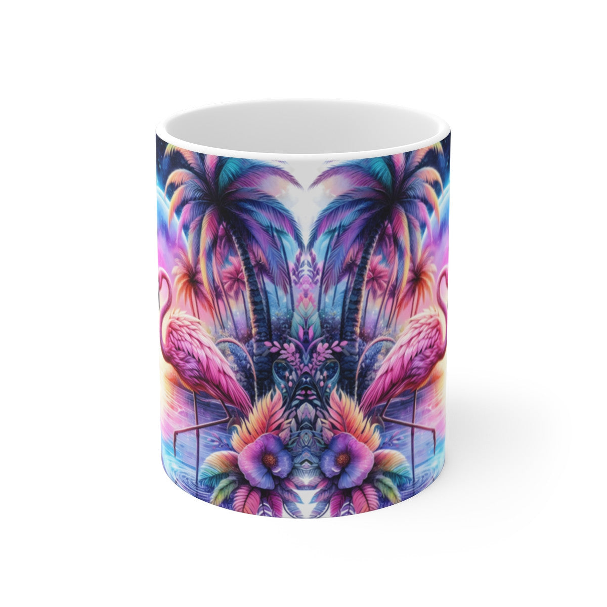 Mug Céramique 325 ml – Flamant Rose Tropical & Coucher de Soleil – Tasse Vacances Été – Design Exotique Multicolore