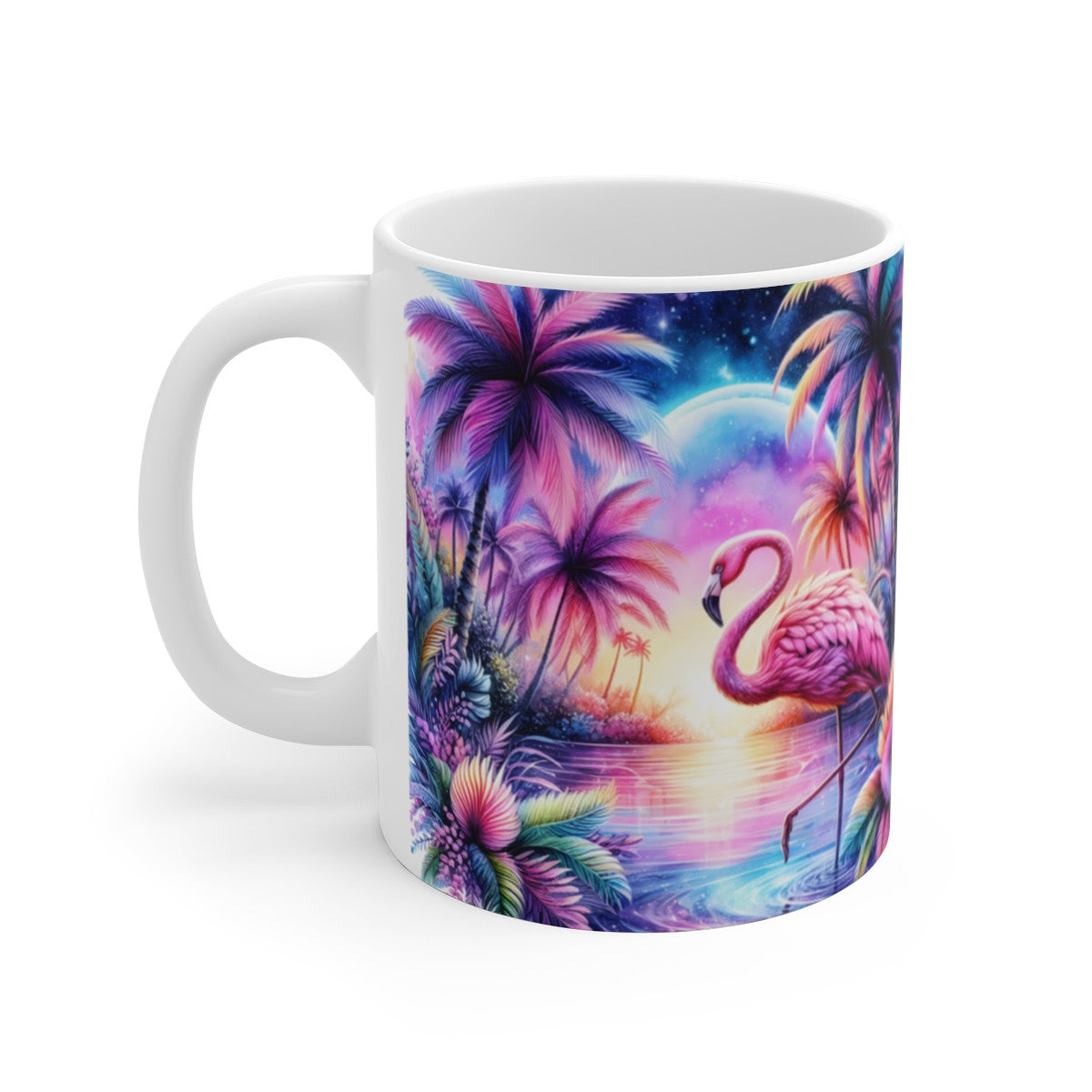 Mug Céramique 325 ml – Flamant Rose Tropical & Coucher de Soleil – Tasse Vacances Été – Design Exotique Multicolore