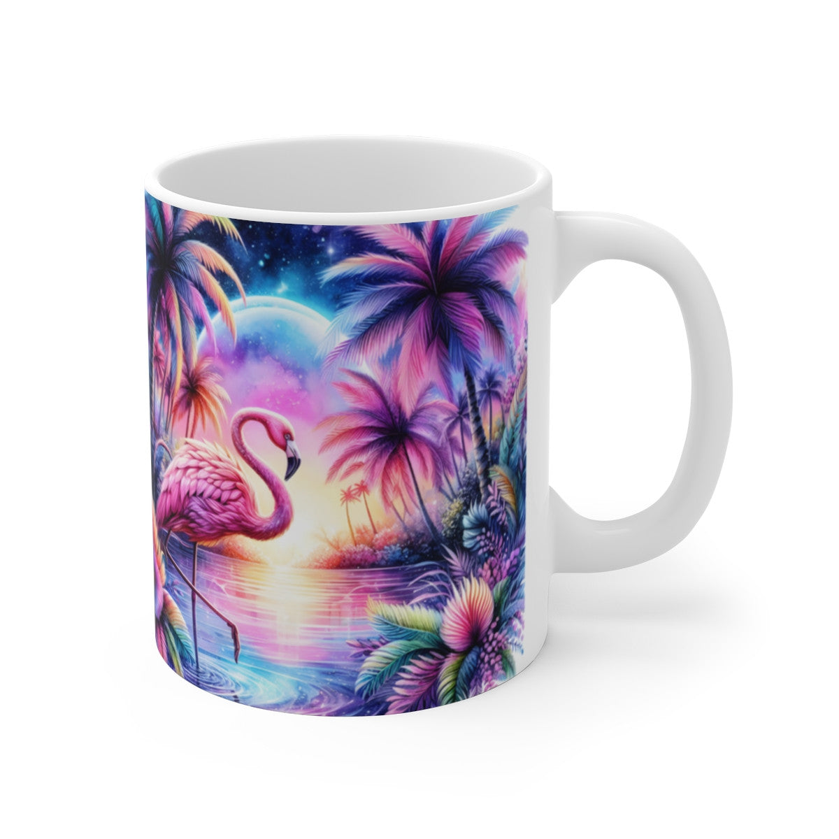 Mug Céramique 325 ml – Flamant Rose Tropical & Coucher de Soleil – Tasse Vacances Été – Design Exotique Multicolore