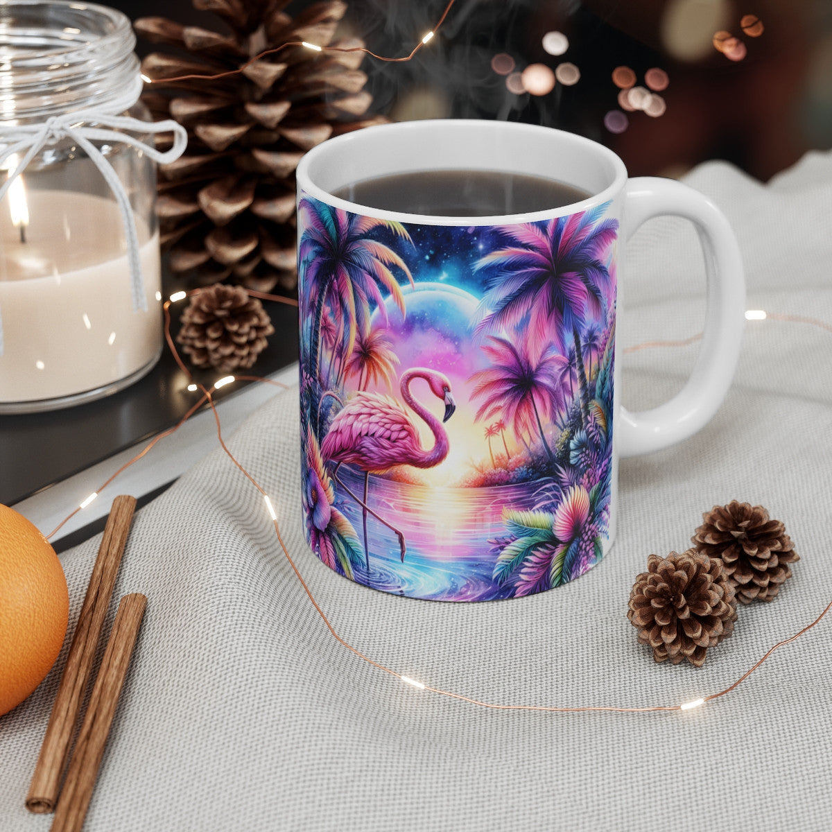 Mug Céramique 325 ml – Flamant Rose Tropical & Coucher de Soleil – Tasse Vacances Été – Design Exotique Multicolore