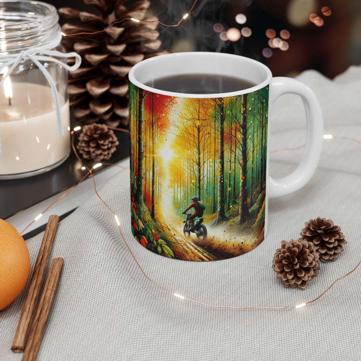 Mug céramique 325 ml – Forêt Colorée Motocross – Tasse Moto Tout-Terrain Nature Aventure