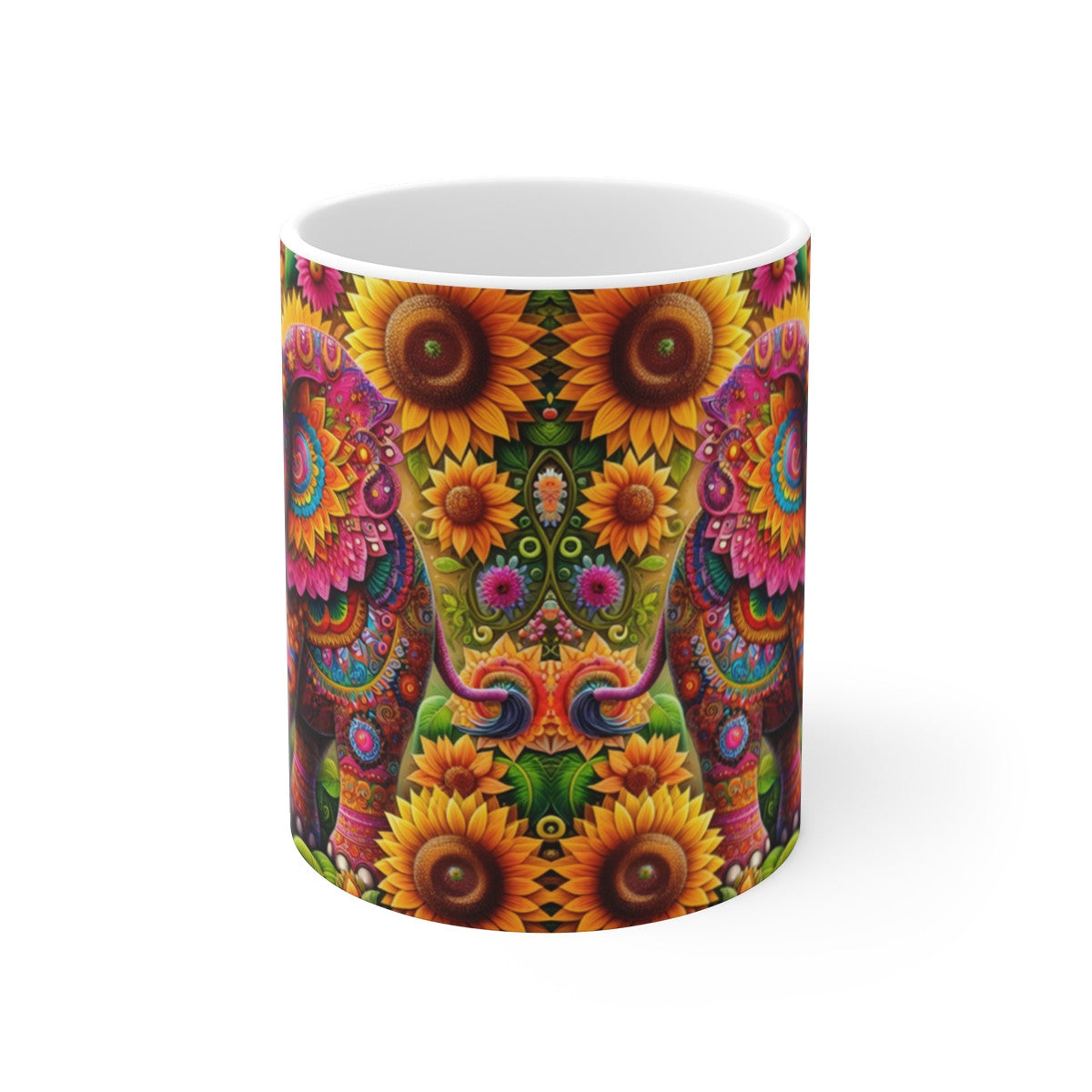 Mug céramique 325 ml – Éléphant Bohème Mandala – Tasse Colorée Fleurs Soleil Inde Spirituelle