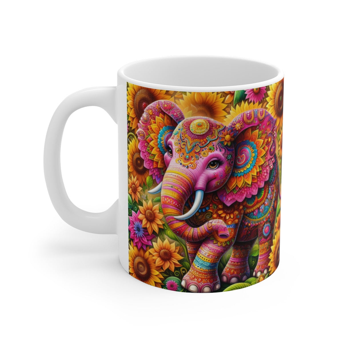 Mug céramique 325 ml – Éléphant Bohème Mandala – Tasse Colorée Fleurs Soleil Inde Spirituelle