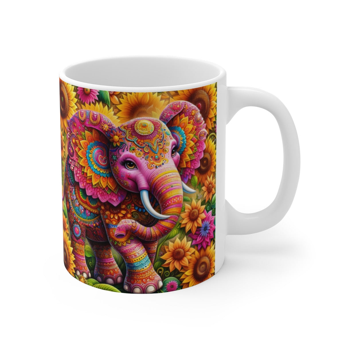 Mug céramique 325 ml – Éléphant Bohème Mandala – Tasse Colorée Fleurs Soleil Inde Spirituelle