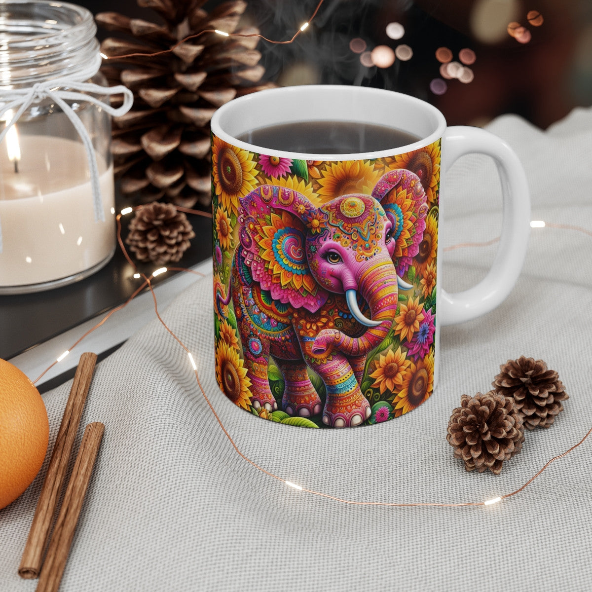 Mug céramique 325 ml – Éléphant Bohème Mandala – Tasse Colorée Fleurs Soleil Inde Spirituelle