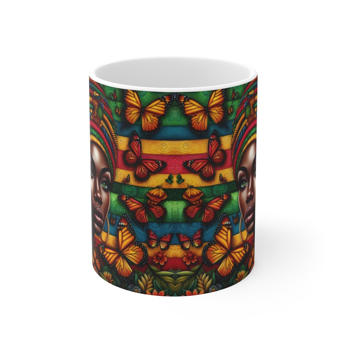 Mug céramique 325 ml – Portrait Bohème Papillons – Tasse Colorée Femme Africaine Art Éthnique