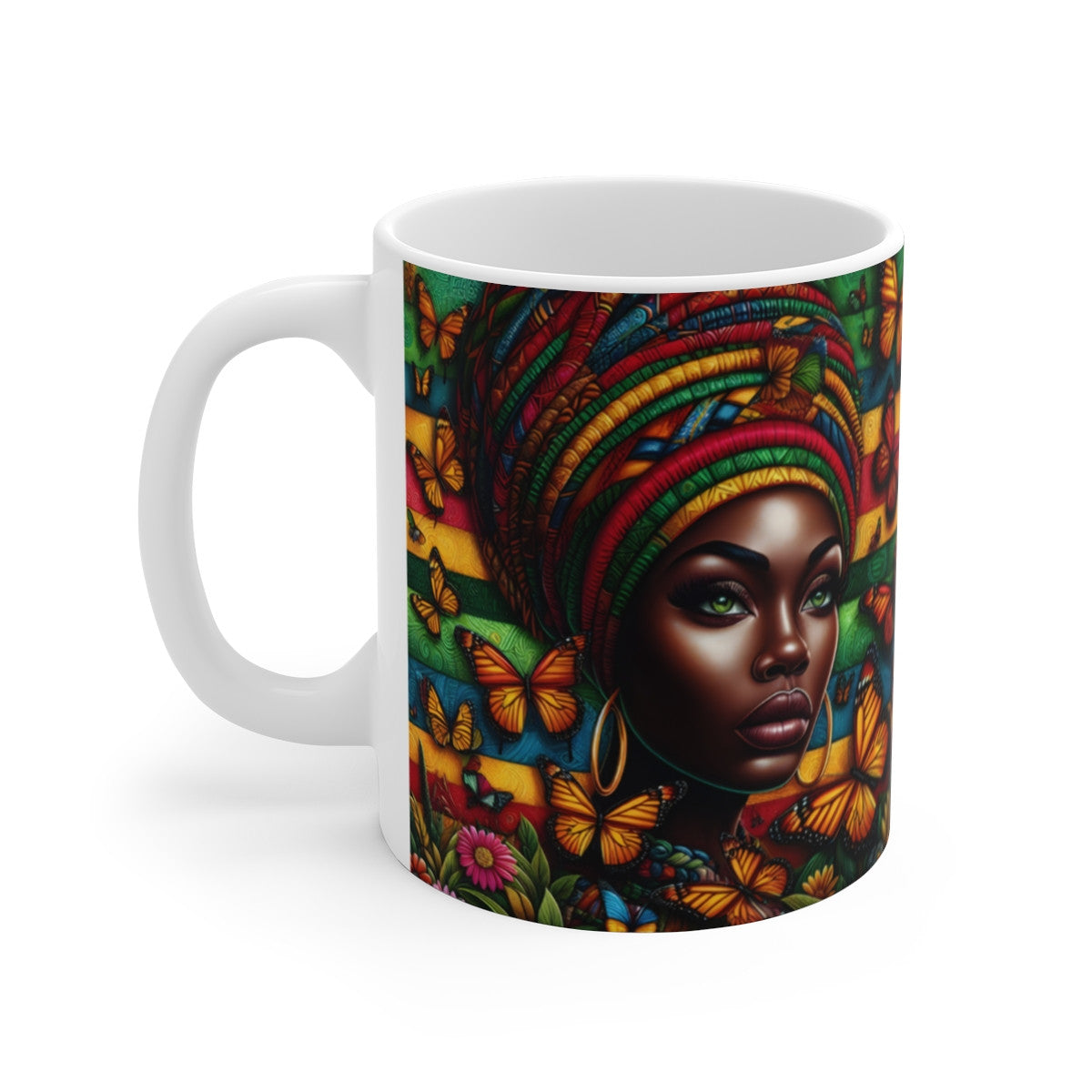 Mug céramique 325 ml – Portrait Bohème Papillons – Tasse Colorée Femme Africaine Art Éthnique