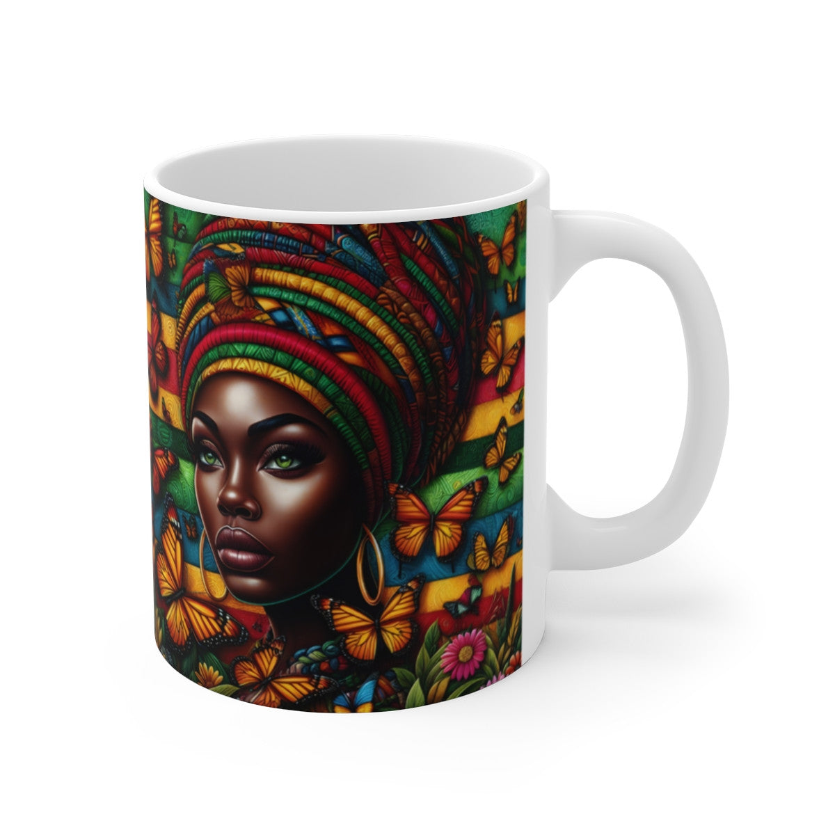 Mug céramique 325 ml – Portrait Bohème Papillons – Tasse Colorée Femme Africaine Art Éthnique