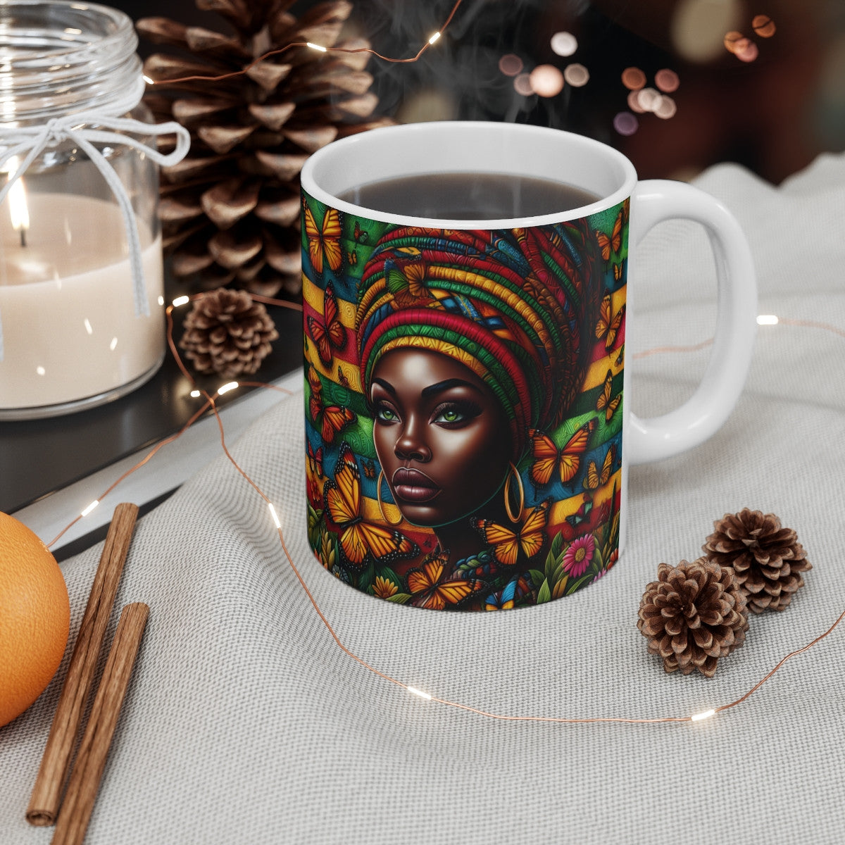 Mug céramique 325 ml – Portrait Bohème Papillons – Tasse Colorée Femme Africaine Art Éthnique