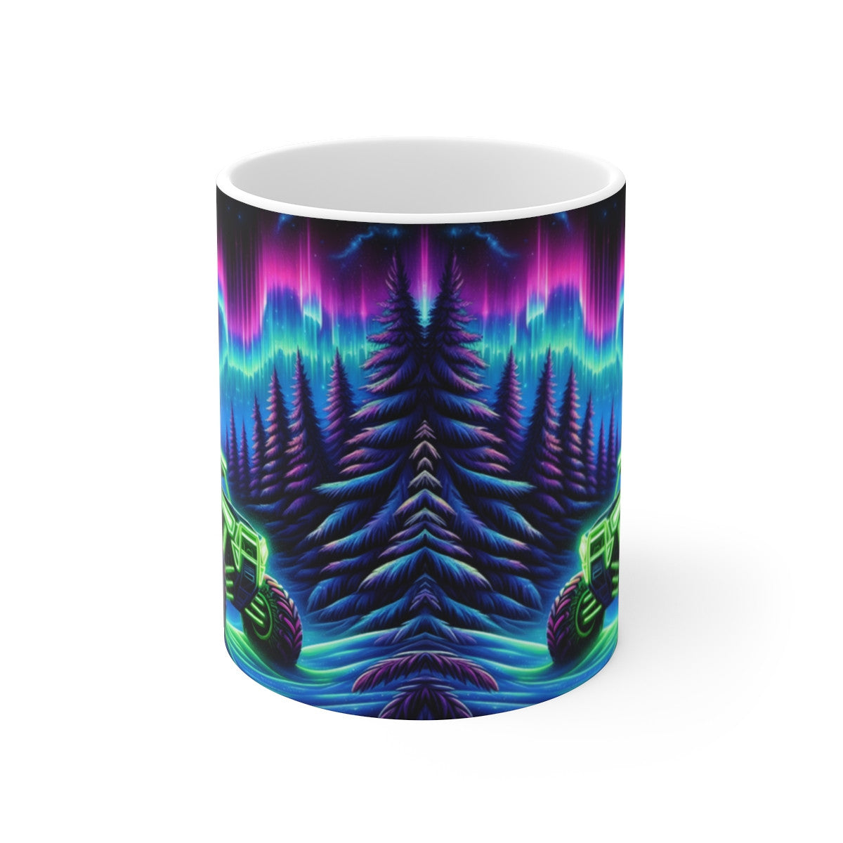 Mug céramique 325 ml – Buggy Néon sous Aurores Boréales – Tasse Off-Road Nocturne Forêt Scandinave