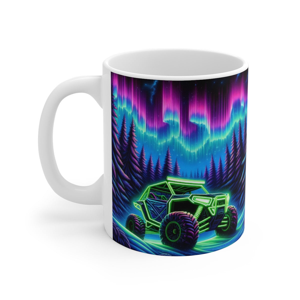 Mug céramique 325 ml – Buggy Néon sous Aurores Boréales – Tasse Off-Road Nocturne Forêt Scandinave